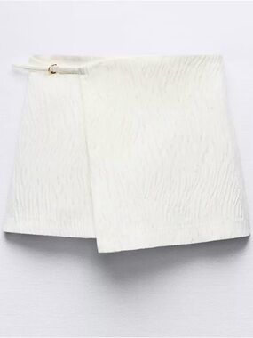 White Textured Wrap Front Skort with Side Buckle